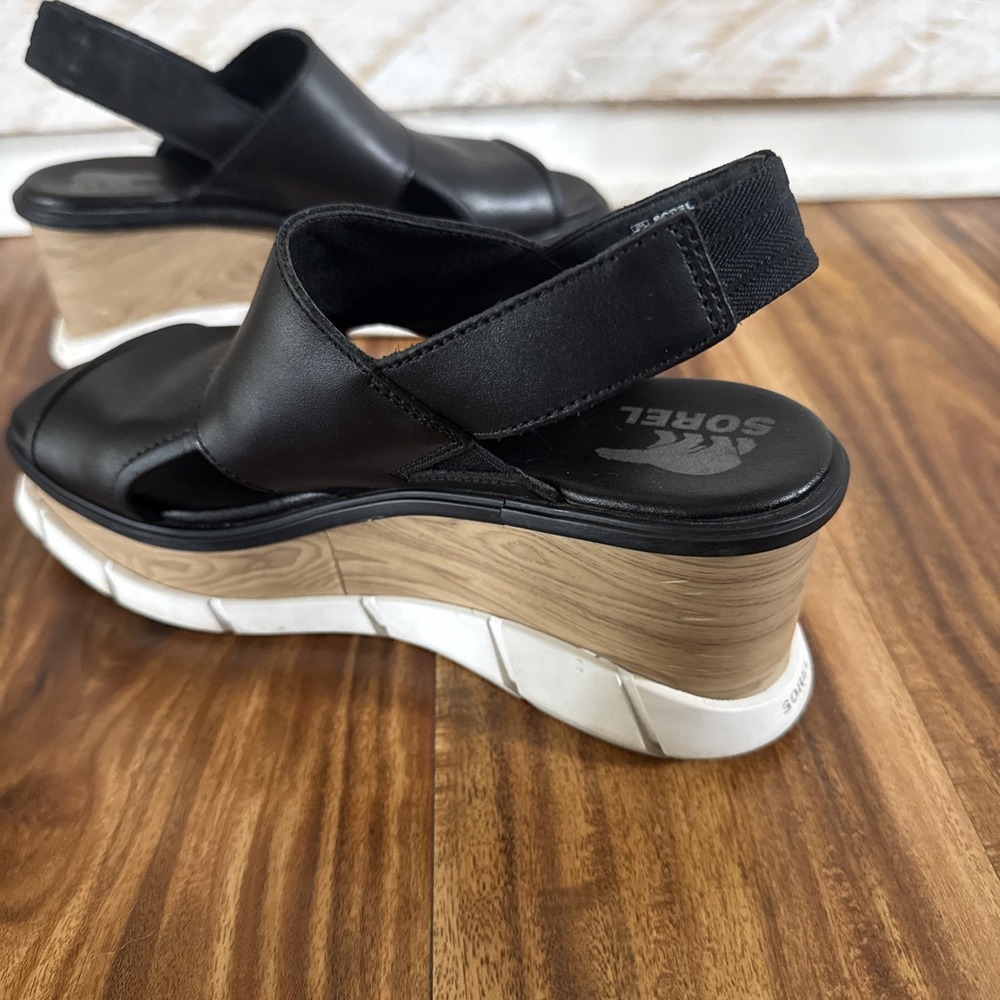 Sorel Black Joanie Wedge Sandals | Women's Leather Slingback 7.5 Fast Shipping - Picture 10 of 12